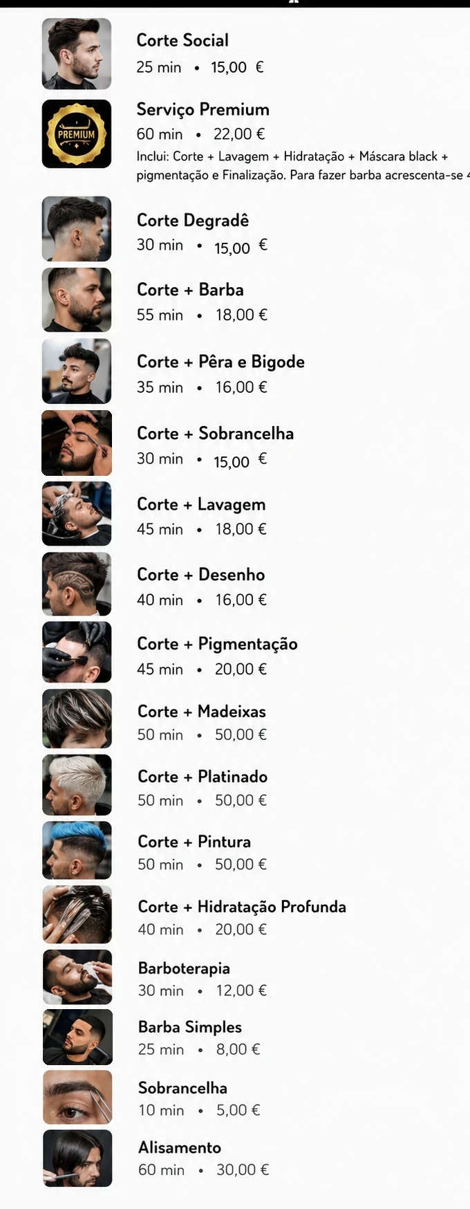 Lista de serviços da barbearia